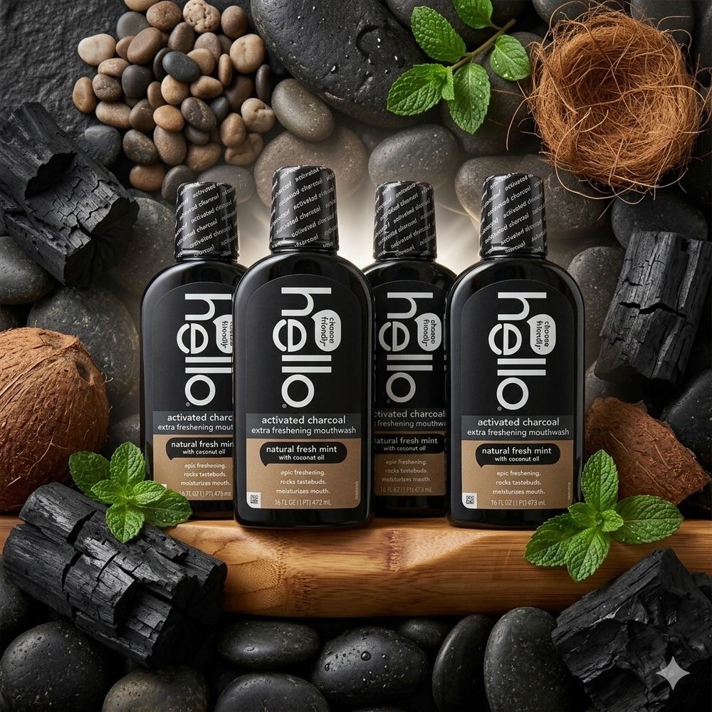Hello Activated Charcoal Extra Freshening Mouthwash Fresh Mint 4 Pack 16 oz